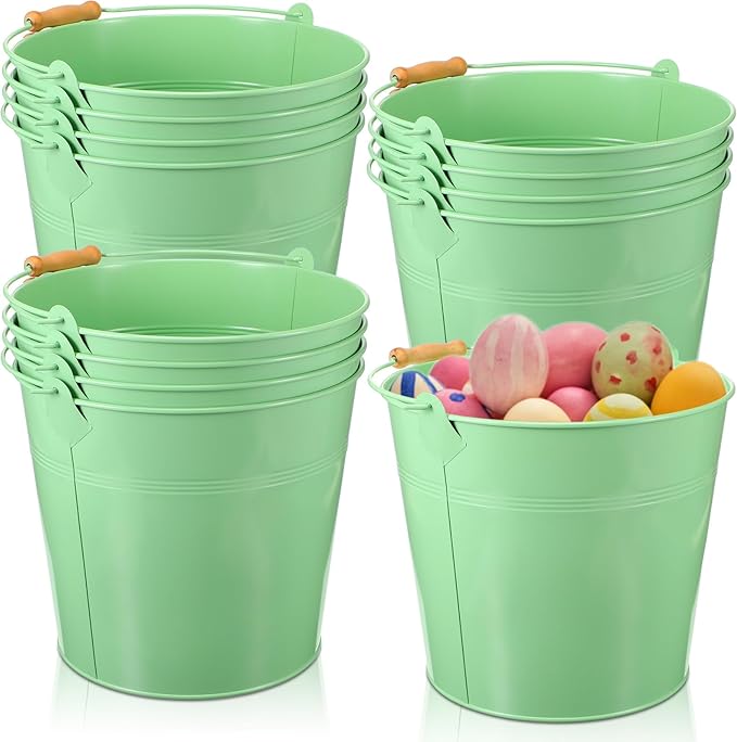 12 Pcs Large Galvanized Metal Buckets with Handle 10 Inch Heavy Duty Stainless Steel Pails Round Pail for Party Wedding, Crafts, Utensils, Table Centerpieces (Light Green)