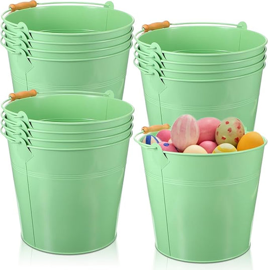 12 Pcs Large Galvanized Metal Buckets with Handle 10 Inch Heavy Duty Stainless Steel Pails Round Pail for Party Wedding, Crafts, Utensils, Table Centerpieces (Light Green)