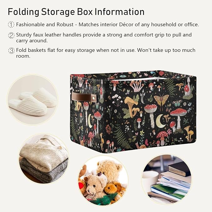 Mushroom Gothic Witch Storage Basket Bin for Shelves Closet Fern Leaves Foldable Fabric Storage Box Cube with Handles Kids Gifts Toy Clothes Shelf Basket Organizer for Bedroom Nursery Home Decorative