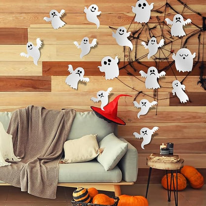 24Pcs Halloween Ghost Wall Decor 3D Ghost Stickers Decor Reusable Cute Halloween Decor Self-Adhesive White Ghost Wall Decorations for Gothic Window Door Wall Room Closet Halloween Home Decor Stickers