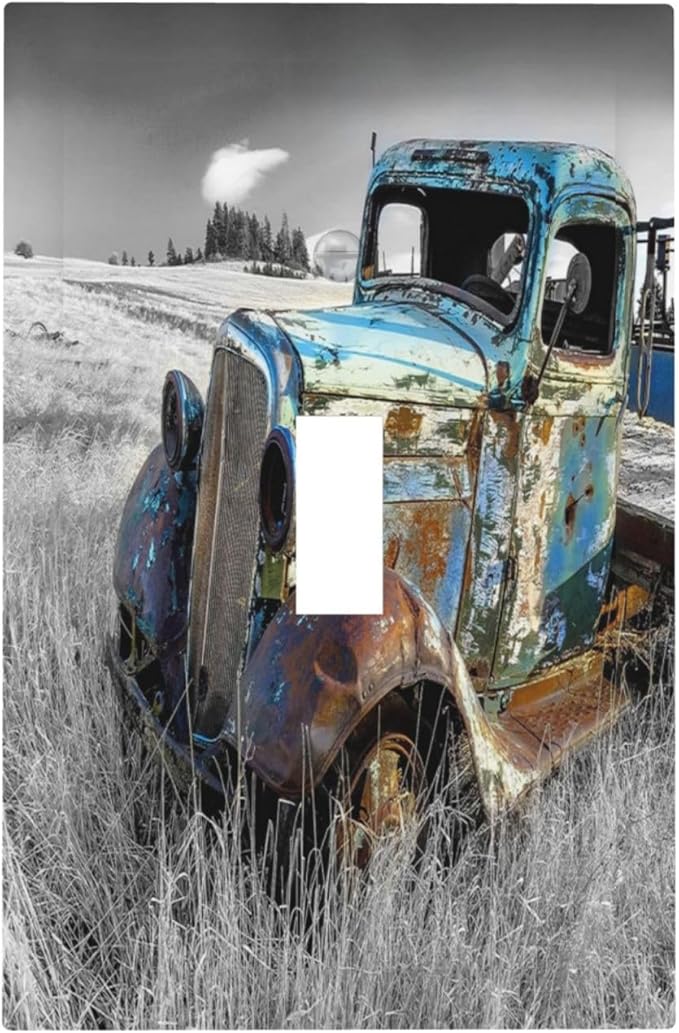 Vintage Country Old Blue Truck 1 Gang Light Switch Cover Decorative Rustic Automobile Single Toggle Wall Plate Switchcovers Electrical Switchplate Home Decor for Bathroom Living Room Decorate