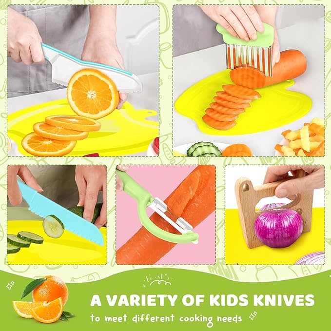 11 Pcs Wooden Kids Kitchen Knife, Kids Knife Set with Cutting Board Fruit Vegetable Crinkle Cutters Serrated Edges Plastic Toddler Knifes for Real Cooking Kid Safe Knives…