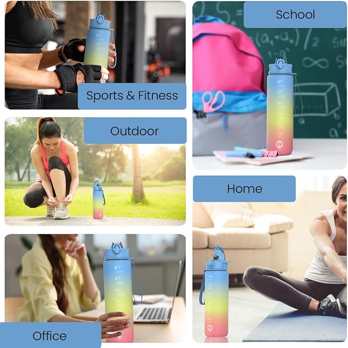 1L Water Bottle with Straw - Leak-Proof & BPA Free Reusable Sports Bottle - Motivational Time Markings for Hydration Durable Drink Bottle for Gym, Sports, Outdoor (Blue Yellow and Pink)