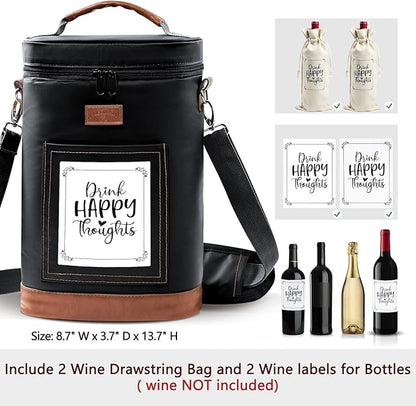 2 Bottle Wine Cooler Bags, Insulated Wine Bag with 2 Wine Drawstring Bag and 2 Wine Labels for Bottles, Wine Carrier Bag,Wine Accessories for Wine Lovers, Wine Travel Bag, Drink Happy Thoughts