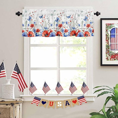 Vandarllin Summer 4th of July Kitchen Curtains Valances for Windows Patriotic Poppy Flowers Eucalyptus Rod Pocket Window Treatment for Kitchen/Living Room/Bedroom/Bathroom, 54" X 18", Blue Red