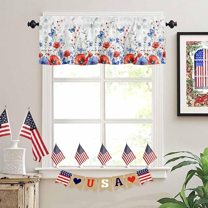 Vandarllin Summer 4th of July Kitchen Curtains Valances for Windows Patriotic Poppy Flowers Eucalyptus Rod Pocket Window Treatment for Kitchen/Living Room/Bedroom/Bathroom, 42" X 18", Blue Red