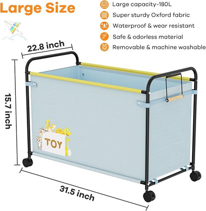 180L Large Toy Box with Wheels for Girls, Metal & Oxford Cloth Big Toy Chest for Boys, Toy Organizer with Wooden Handle for Stuffed Animals, Clothes, Bedroom, Living Room Area(Blue, 1PC)