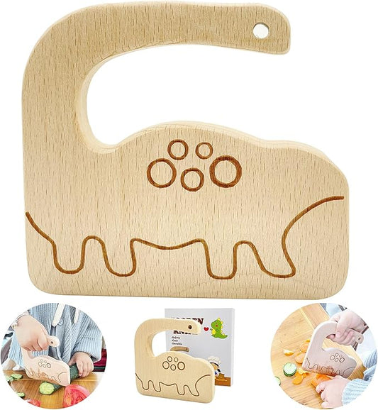 Wooden Kids Knife for Cooking, Toddler Safe Knife for Cutting Vegetable Fruit, Cute Dinosaur Shape Kids Kitchen Tools- Kids Chef Knife with Original Wood, No Paint