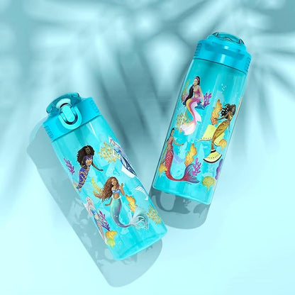 Zak Designs Disney The Little Mermaid 2023 Kids Water Bottle For School or Travel, 25oz, Durable Plastic, with Pop-Up Antimicrobial Spout and Cover, Handle, and Leak-Proof (Ariel and Sisters)