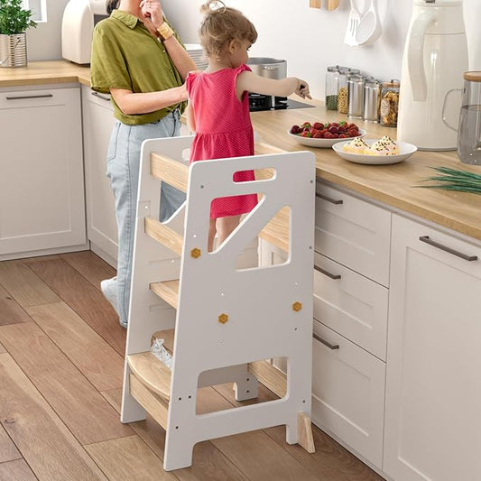 Adjustable Toddler Standing Tower – Complete Toddler Kitchen Stool Helper with Safety Rail – Ideal Kids Learning Step Stool for Cooking, Cleaning & More – Sturdy Wooden Design(White)