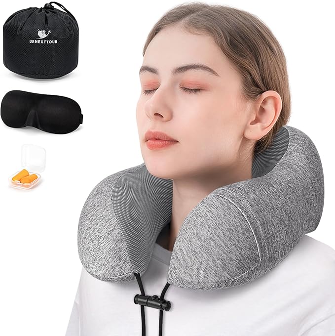 Travel Pillow for Airplane Memory Foam Neck Pillows, Support Travel Pillow for Travelling with Eye Mask, Earplugs and Storage Bag, Sleeping Rest, Car, Train and Home Use Cationic, Grey