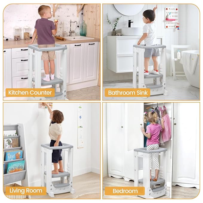 Toddler Tower with Dry Erase Whitebaord Height Adjustable Step Stool for Kids Montessori Learning Stool Toddler Kitchen Stool Helper with Non-Slip Safety Rail