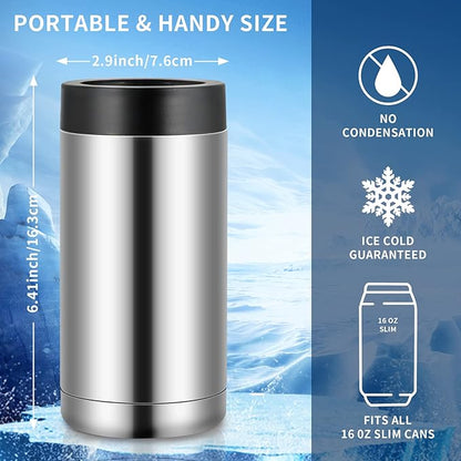 16oz Stainless Steel Double Wall Insulated Can Cooler, Beer Bottle Holder, Bottle or Tumbler for Slim Beer & Hard Seltzer CansS（Silver）