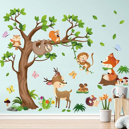 AM AMAONM Removable Jungle Animals Fox Deer Elephant Birds Lion Wall Decals DIY Tree and Leaves Wall Sticker Peel and Stick Home Wall Art Decor for Kids Baby Boys Nursery Bedroom Classroom (39153)