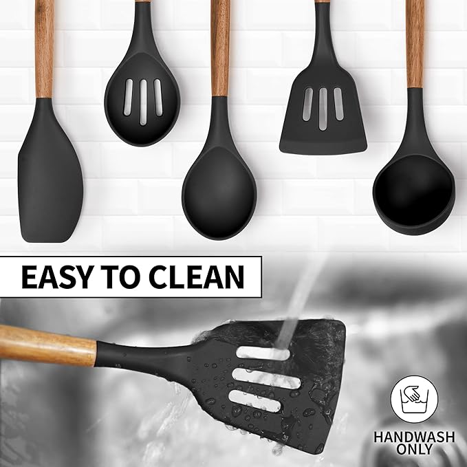 Zulay Kitchen Utensils Set Non-Stick Silicone Cooking Utensils Set with Authentic Acacia Wood Handles - 5 Piece Silicone Utensil Set - Silicone Kitchen Utensils Set with 464°F Heat Resistance - Black