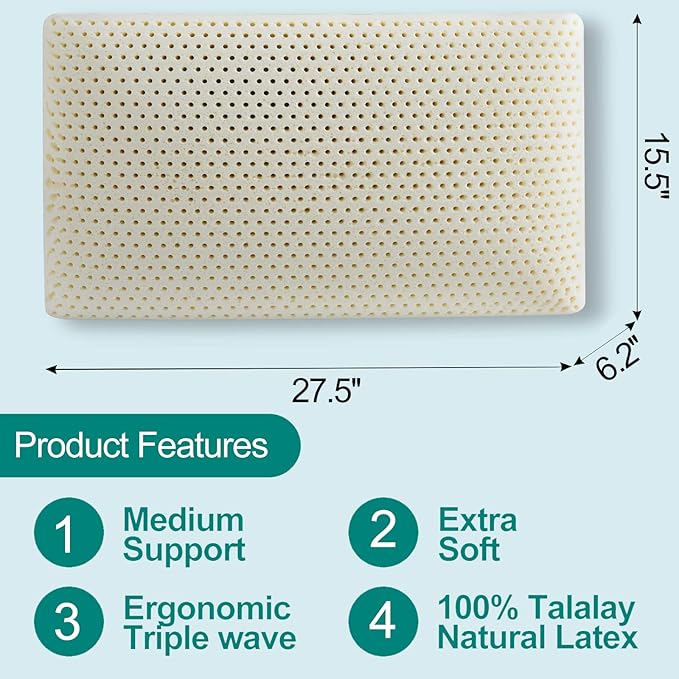 100% Natural Talalay Latex Latex Sleeping Bed Pillow – Luxury Extra Soft Pillow for Side, Back, and Stomach Sleepers - Removable Breathable Cotton Cover - Extra Soft (Queen (Extra Soft))