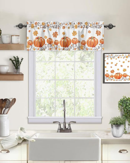 Vandarllin Fall Maple Leaves Kitchen Curtains Valances for Windows Thanksgiving Watercolor Pumpkins Rod Pocket Window Treatment for Kitchen/Living Room/Bedroom/Bathroom,42" X 18"-1 Panel, Orange