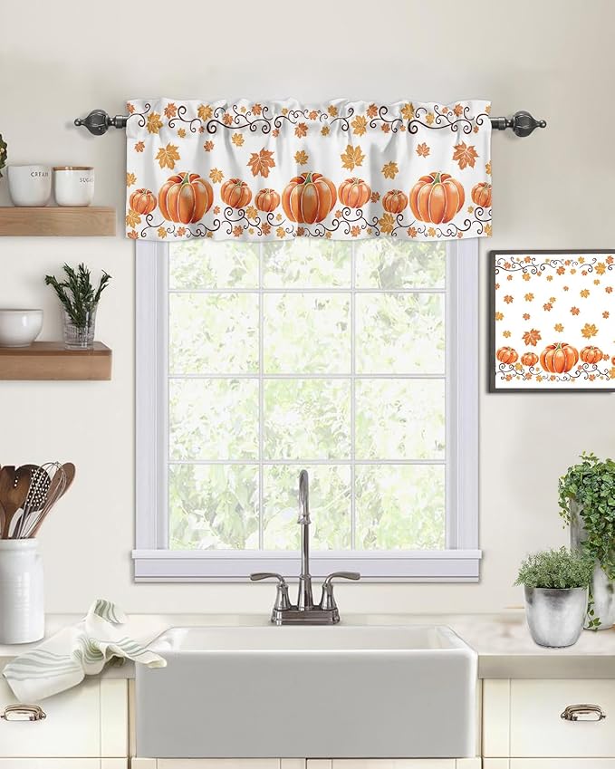 Vandarllin Fall Maple Leaves Kitchen Curtains Valances for Windows Thanksgiving Watercolor Pumpkins Rod Pocket Window Treatment for Kitchen/Living Room/Bedroom/Bathroom,60" X 18"-1 Panel, Orange