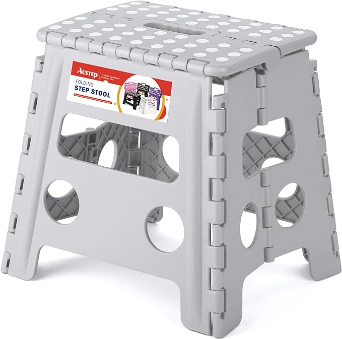 ACSTEP Folding Step Stool 13'' Foldable Step Stool for Kids and Adults Up to 300 lbs, Non-Slip Folding Stools with Portable Handle for Bedroom Kitchen, Bathroom Grey