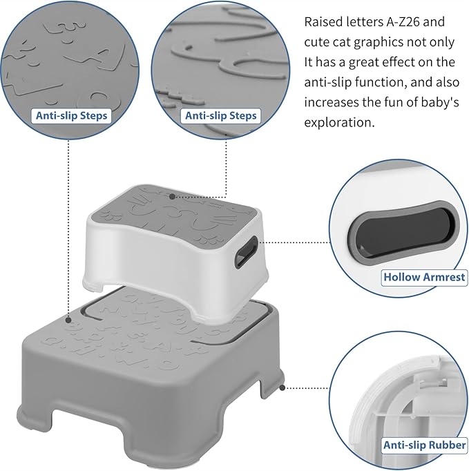 2 Step Stool for Kids and Toddler,Anti-Slip Sturdy Bathroom Toilet Step Stools,Double up Step Stool with Soft Grips,for Potty Training,Sink,Kitchen(Gray)