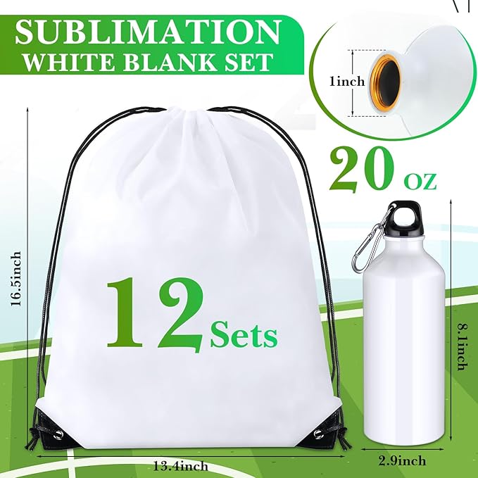 12 Sets 20 oz Sublimation Aluminum Water Bottles and Sublimation Drawstring Bags White Blank Heat Press Sport Bottle with Drawstring Backpack for DIY Craft Travel Camping Hiking Gym Fishing