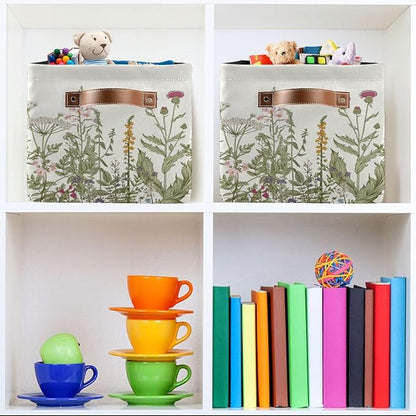 Wildflower Herbs Storage Basket Bin for Shelves Closet Botanical Foldable Fabric Storage Box Cube with Handles Kids Gifts Toys Cloth Shelf Basket Organizer for Bedroom Nursery Home Decorative