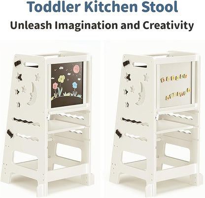 TOETOL Kids Kitchen Bamboo Step Stool with Keeper, Toddler Standing Tower 3 Height Adjustable, Helper Tower with Black & White Activity