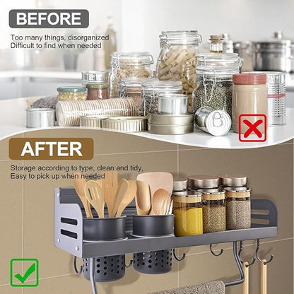 Spice Rack Organizer Wall Mount, Seasoning Rack with Hook,Space Aluminum Space Saver Racks for Kitchen, No Punching Required Wall Storage Organizer, Multifunctional Home Storage Rack