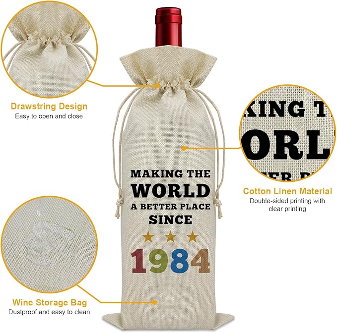 1984 Birthday Gifts Wine Bag Happy 40th Birthday Gifts for Women Men Wine Bottle Decoration Bag 40 Year Old Gifts for Dad Mom Turning 40 Gifts for Him Her Wine Accessories Gifts for Wine Lovers