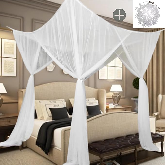 Bed Canopy Mosquito Net for Bed, Canopy Bed Curtains for Twin Full Size, 4 Corner Post Bedroom Canopy for Kids Adults, Square Bed Drapes Home Decor (White-Light)