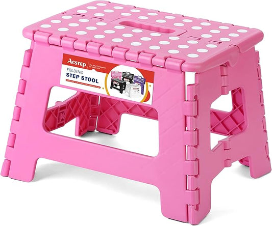 ACSTEP Acko 9 Inch Folding Step Stool - The Lightweight Step Stool is Sturdy and Safe Enough. Opens Easy with One Flip. Great for Kitchen, Bathroom, Bedroom Pink