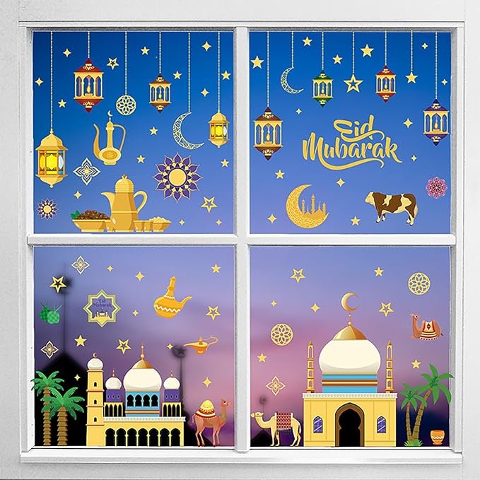 Totelux Eid Mubarak Decorations Ramadan Window Clings Ramadan Mubarak Window Stickers Muslim Moon Star Window Decals for Glass Window Home Office Holiday Eid Al-fitr Party Supplies 9Sheets