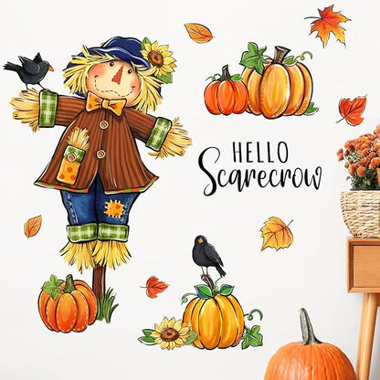 Mfault Fall Hello Scarecrow Wall Decals Stickers, Autumn Pumpkin Maple Leaves Farmhouse Decorations Bedroom Art, Thanksgiving Crow Sunflower Seasonal Home Kitchen Decor