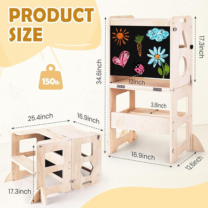 4-in-1 Toddler Kitchen Step Stool, Foldable Learning Standing Tower with Blackboard, Wooden Kitchen Stool Helper for Kids, 1-3 Year Old Boy Girl Gifts