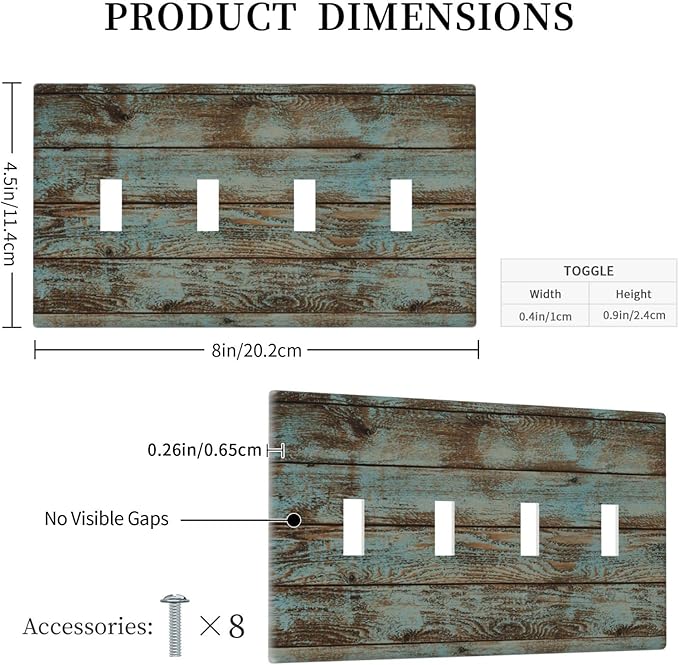 Vintage Green Wood Texture Quad Toggle Light Switch Wall Plate Cover Decorative 4-Gang for Room Bathroom Bedroom Home Kitchen Four Lightswitch Polycarbonate 4.5" x 8"