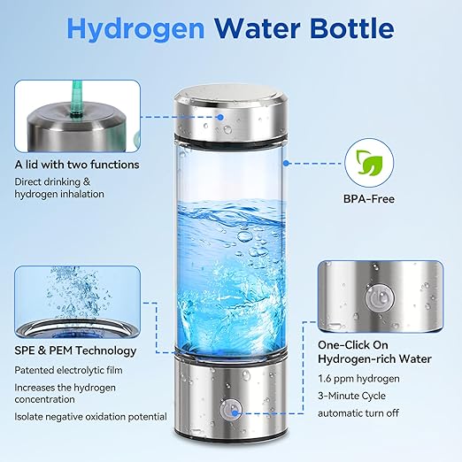 2024 New Hydrogen Water Bottle, 3 in 1 Hydrohealth Hydrogen Water Generator with SPE Pem Technology 3 Minutes Up to 2500 PPB Water Ionizer for Home, Office, Daily Drinking (Silver)