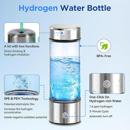 2024 New Hydrogen Water Bottle, 3 in 1 Hydrohealth Hydrogen Water Generator with SPE Pem Technology 3 Minutes Up to 2500 PPB Water Ionizer for Home, Office, Daily Drinking (Silver)