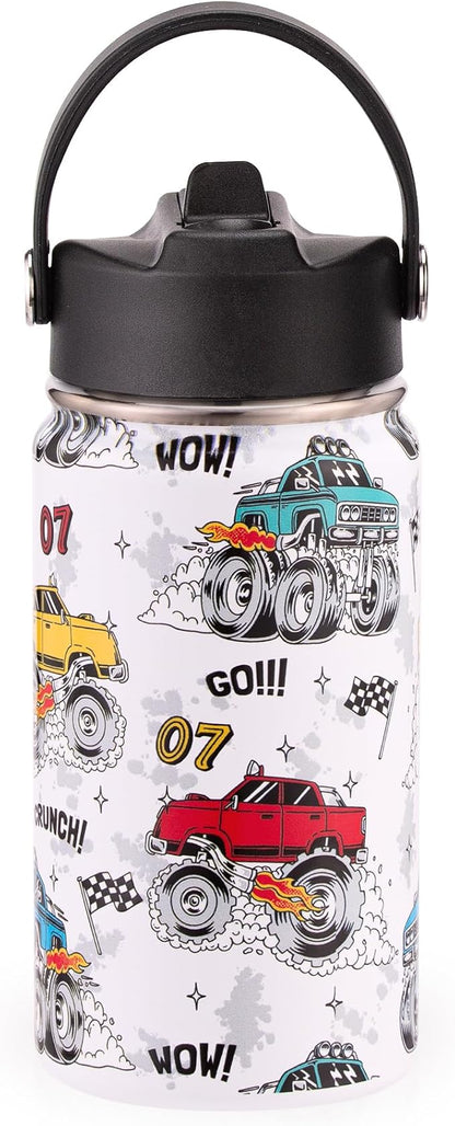 12oz Kids Insulated Water Bottle with Flip Straw & Big Handle, Monster Truck, Double Wall 18/8 Stainless Steel, Leakproof Gift for Kids Boys to School Travel Sports, Hands Wash Only, White