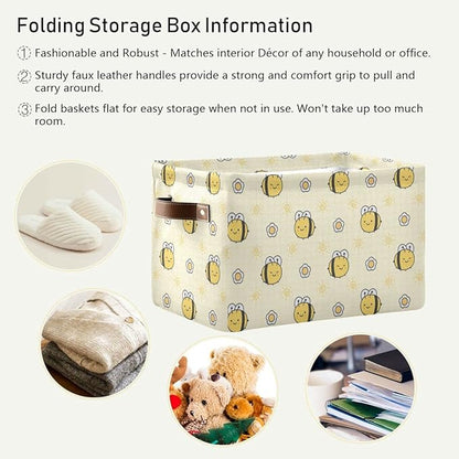 Yellow Bees Honey Storage Basket Fabric Kitchen Baskets Cute Bumblebee Sunny Flowers Open Home Storage Bins Boxes Foldable Organizer Bag for Baby Cloth Pet Toy Book Shelf Closet Baskets 16×12×8 IN