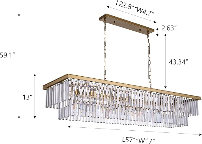 Wellmet Gold Chandelier 57 inch, 13-Light Modern Rectangular Crystal Chandelier Ceiling Hanging, Linear Chandeliers Light Fixture for Living Room, Dining Room, Bedroom, Kitchen Island