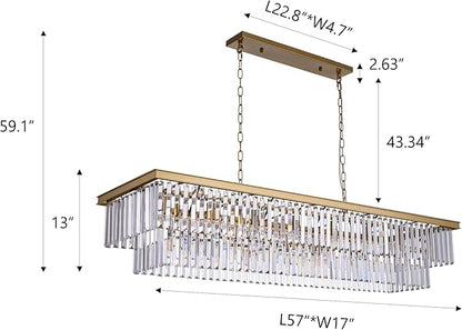 Wellmet Gold Chandelier 57 inch, 13-Light Modern Rectangular Crystal Chandelier Ceiling Hanging, Linear Chandeliers Light Fixture for Living Room, Dining Room, Bedroom, Kitchen Island