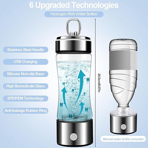 MGahyi Hydrogen Water Bottle,2024 New Hydrogen Water Bottle Generator with SPE PEM Technology Water Ionizer, Rechargeable Hydrogen Water Machine Improve Water in 3 Minutes for Home,Office（Silver）