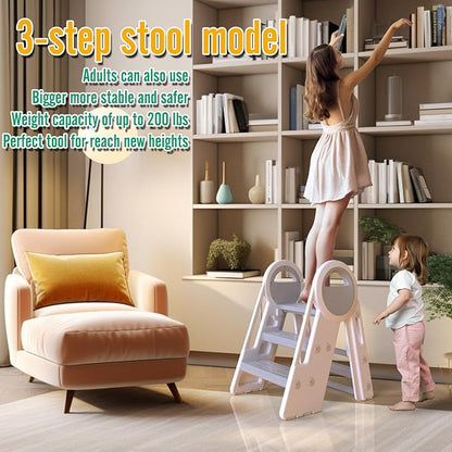 3 Step stools for Kids, Toddler Tower, Toddler Step Stool for Bathroom Sink, Kitchen Counter Helper, Toilet Potty Training, with Safety Handles and Non-Slip Desgin (Grey-White)