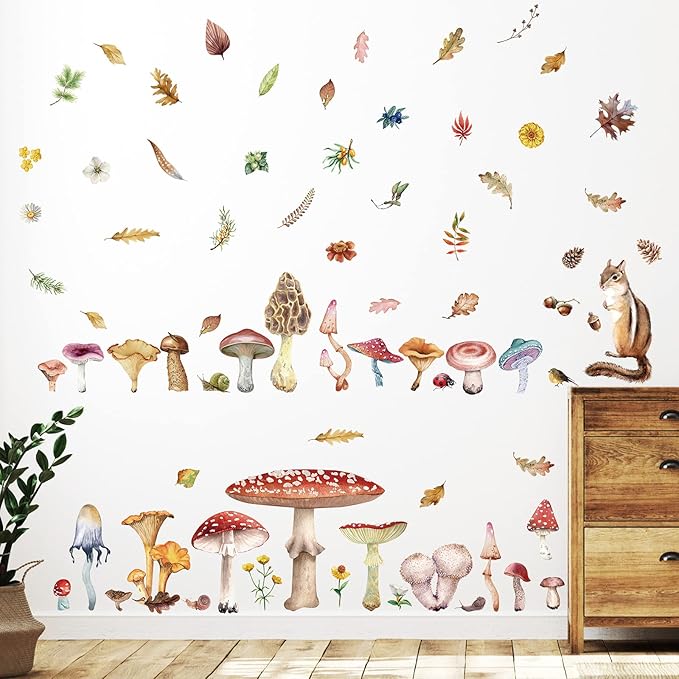 200 Pieces Watercolor Mushroom Wall Decals Woodland Mushroom Decals for Walls Aesthetic Mushroom Stickers Colorful Mushroom Kitchen Decor Fall Leaf Wall Stickers for Baby Kids Girls Bedroom Nursery