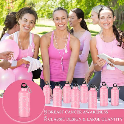 12 Pieces Breast Cancer Awareness Gifts Aluminum Water Bottles Pink Ribbon Breast Cancer Gift for Women Leak Proof Lightweight Portable Bottles for Marathon Running(17 oz, Classic Style)