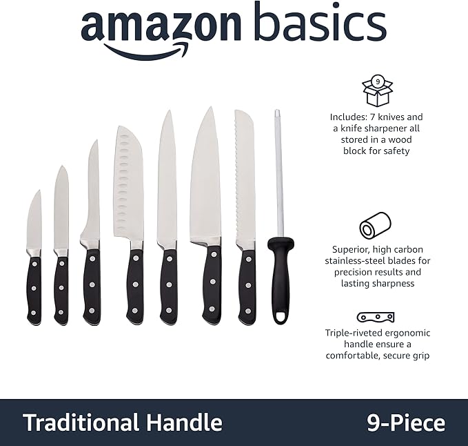 Amazon Basics 9-Piece Premium Kitchen High-Carbon Stainless-Steel Blades with Pine Wood Knife Block Set, Black