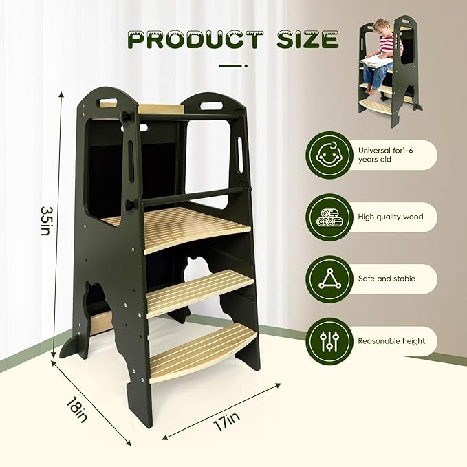 Toddler Kitchen Step Stool,Kids Standing Tower, Removable Anti-Drop Railing Safety Rail,A Anti-tip Structure More Stable, Natural Wooden