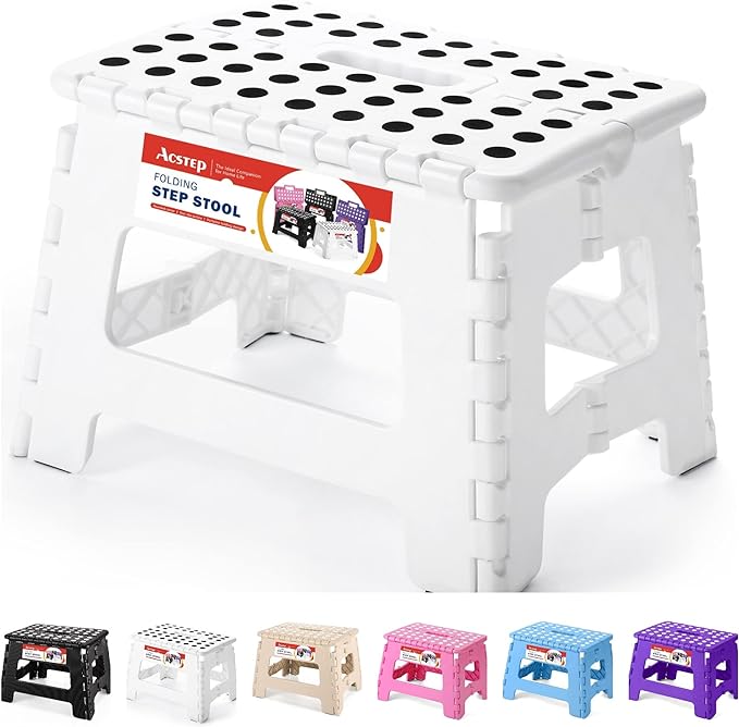 ACSTEP Folding Step Stool Portable Collapsible Plastic Step Stool 9 Inch Foldable Step Stool Non Slip Folding Stools for Kitchen Bathroom Bedroom (White)