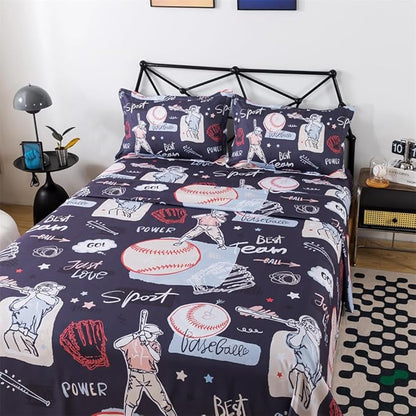 qjmiaofang Baseball Sheets Full Size Kids Sports Sheets 4Pieces Baseball Bed Sheets for Boys Teens Baseball Player Bed Set with 1 Fitted Sheet 1 Flat Sheet and 2 Pillowcases for Home Decor