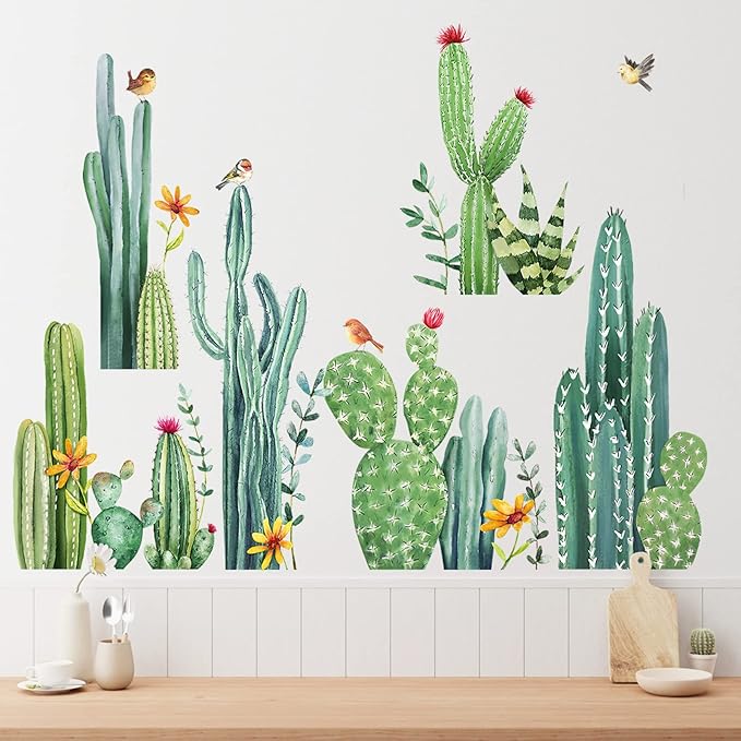 Mfault Cactus Wall Decals Stickers, Tropical Green Plants Cacti Living Room Decorations Bedroom Art, Botanical Home Kitchen Decor